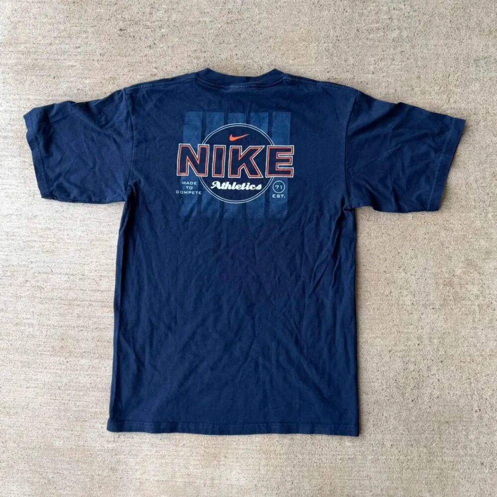 Vtg 90s Nike Athletics T Shirt Navy Blue Center Swoosh Graphic Tee Sz S